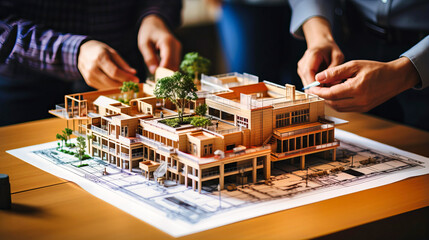 Architects Collaborating Over a Detailed Architectural Model with Plans on a Wooden Table in Office