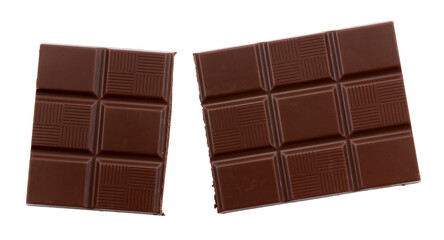 Milk chocolate bar on a white background, top view. Chocolate isolate