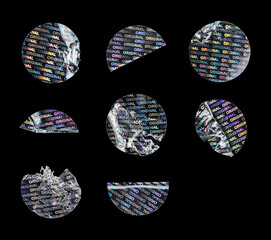 Round holographic sticker collection. Original hologram label seal. wrinkled, damaged iridescent...