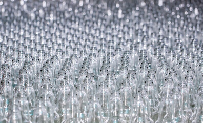 Glass factory, production of glass containers. Packaging of food containers. Robotics in industry. Modern technologies, robotic machines produce products. Technological work at the plant.