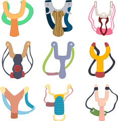 slingshot set cartoon. hand sling, shot boy, naughty drawn slingshot sign. isolated symbol vector illustration