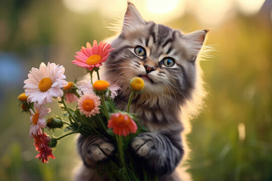 Grey male kitten holding red flowers roses in his paws, creative concept, gift