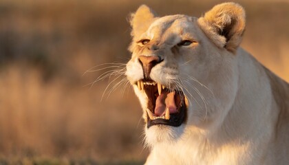 Lioness displaying dangerous teeth, close up