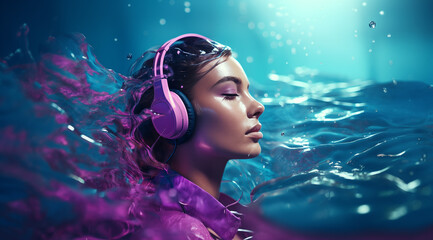 woman with headphones and water splashing around 
