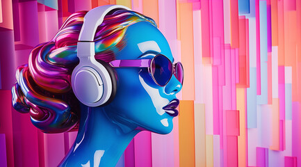 a mannequin wearing glasses and headphones on a colorful background