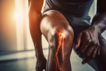 A man is seen holding his knee with a striking lightning effect. This image can be used to depict pain, injury, or the concept of electricity - obrazy, fototapety, plakaty