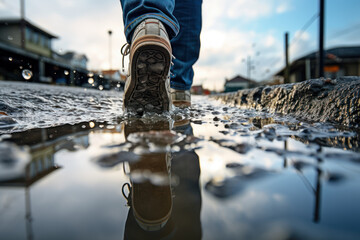 A photograph capturing the paradoxical reflection of a clear sky in a rain puddle, merging opposing...