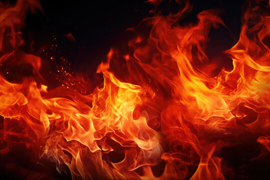 A close up view of a fire on a black background. This image can be used to depict warmth, energy, or danger