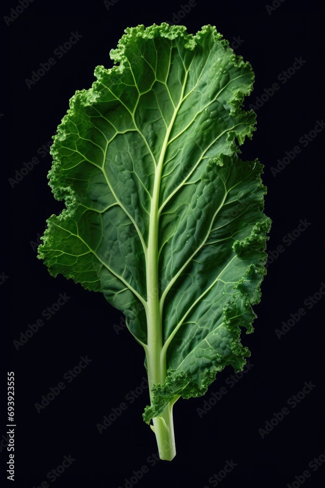 Poster a detailed view of a leafy vegetable against a black backdrop. this image can be used for various pu