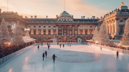 Obraz premium People enjoying ice skating on a rink. Suitable for winter sports and leisure activities