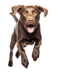 Chocolate labrador dog running and facing camera with open mouth, isolated on white or transparent...