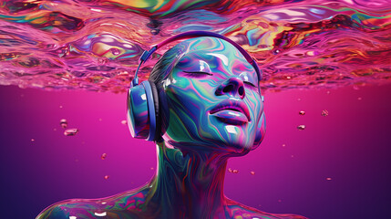 abstract psychedelic colorful humanlike metal sculpture  with headphones - obrazy, fototapety, plakaty