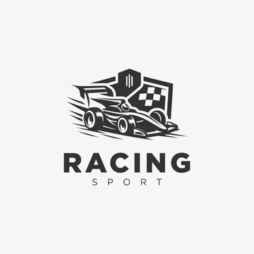 car racing logo design, in monochrome style, black and white
