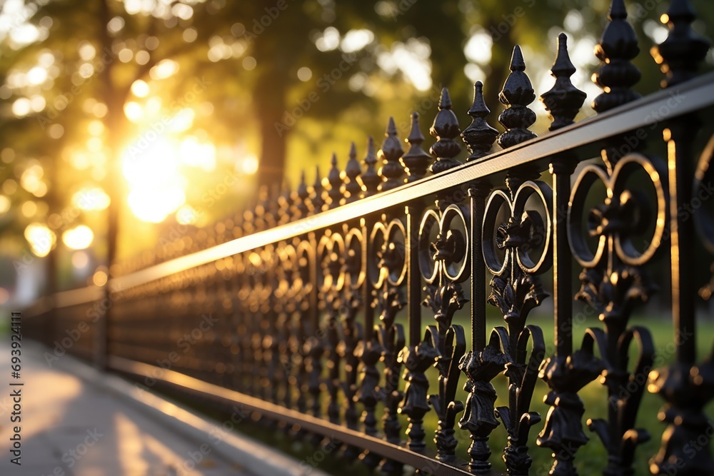 Poster A captivating image of a black iron fence with a beautiful sunset in the background. Perfect for adding a touch of elegance and mystery to any project