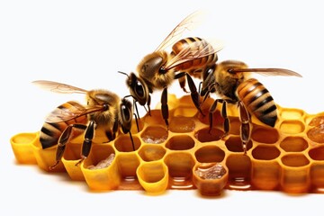 Bees sitting on top of a honeycomb. Perfect for illustrating the hard work and organization of bees in creating honey. Can be used in educational materials or beekeeping-related content