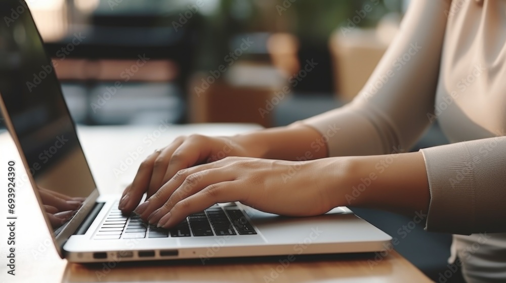 Poster a woman is seen typing on a laptop computer. this image can be used to depict working from home, tec