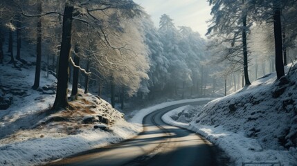 A car is driving down a snowy road. Suitable for winter travel or scenic winter landscapes