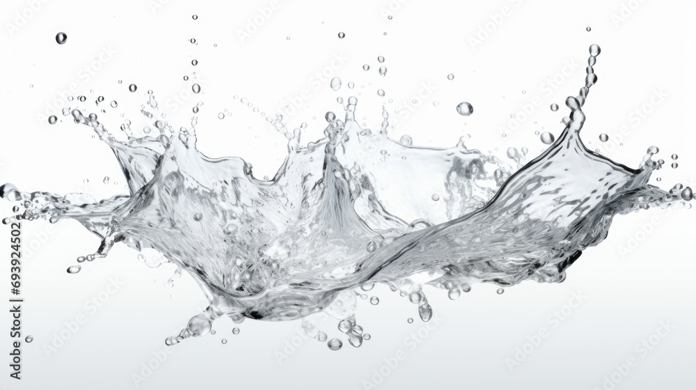 Poster A dynamic splash of water captured on a clean white surface. This image can be used to depict concepts such as freshness, purity, or energy