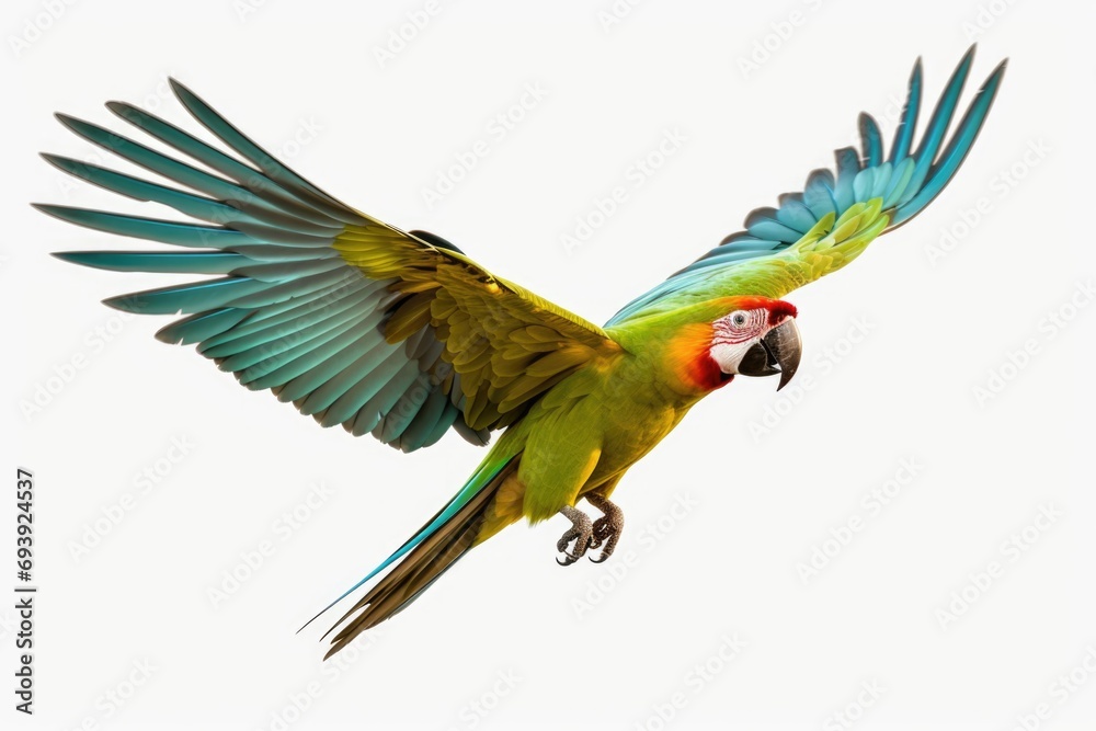 Poster A vibrant parrot with green and yellow feathers gracefully soaring through the air. Perfect for adding a touch of color and liveliness to any project