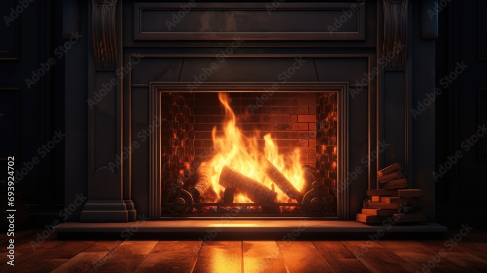 Poster a cozy fireplace with a warm fire burning inside. perfect for creating a warm and inviting atmospher