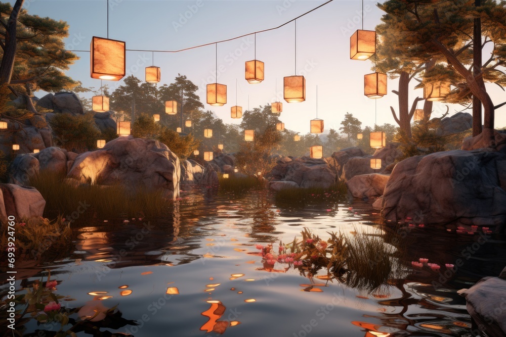 Poster lanterns hanging over water. perfect for festive decorations or creating a tranquil atmosphere.