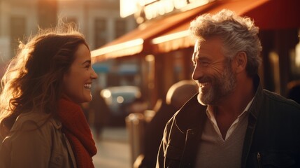A picture of a man and a woman engaged in conversation outdoors. Suitable for various communication and social interaction concepts