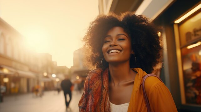 A Woman Walking Down A City Street With A Smile. Ideal For Lifestyle, Happiness, And Urban Concepts