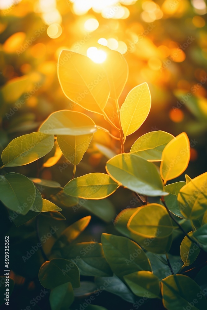 Poster sunlight streaming through the leaves of a bush. perfect for nature-themed designs and projects