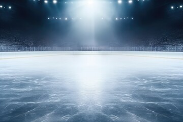 An image of an ice hockey rink illuminated by spotlights. This picture can be used to depict the excitement and intensity of ice hockey games. Perfect for sports-related projects and promotions