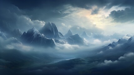 A majestic mountain range cloaked in a blanket of mist, with towering peaks piercing through the clouds, creating an awe-inspiring and mystical vista. - obrazy, fototapety, plakaty