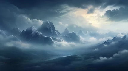 Zelfklevend Fotobehang A majestic mountain range cloaked in a blanket of mist, with towering peaks piercing through the clouds, creating an awe-inspiring and mystical vista. © rajpoot 