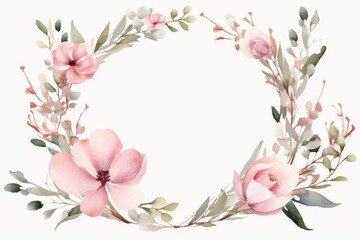 A wreath made of pink flowers and green leaves. Perfect for adding a touch of elegance to any occasion or event - obrazy, fototapety, plakaty