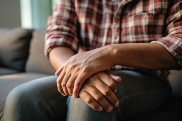 A person sitting on a couch, holding their hands. Suitable for various themes and concepts
