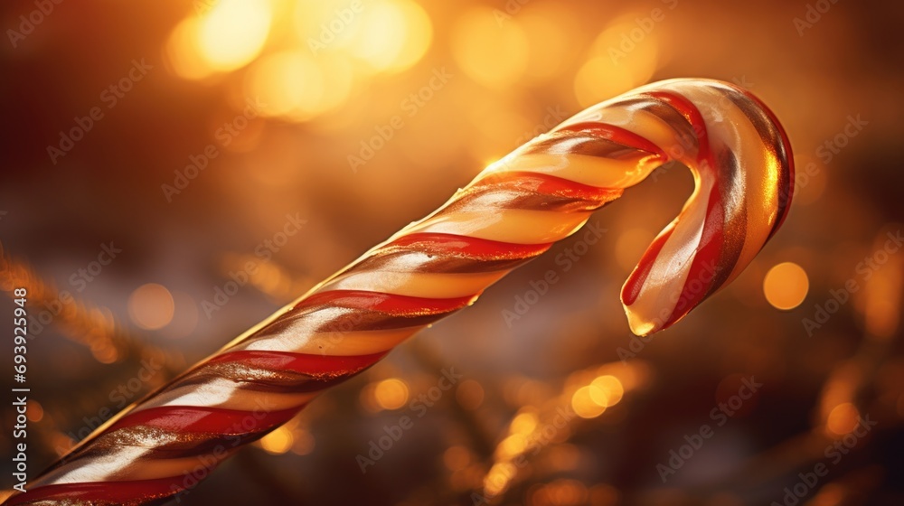 Poster a close-up shot of a candy cane with colorful lights in the background. perfect for holiday-themed d