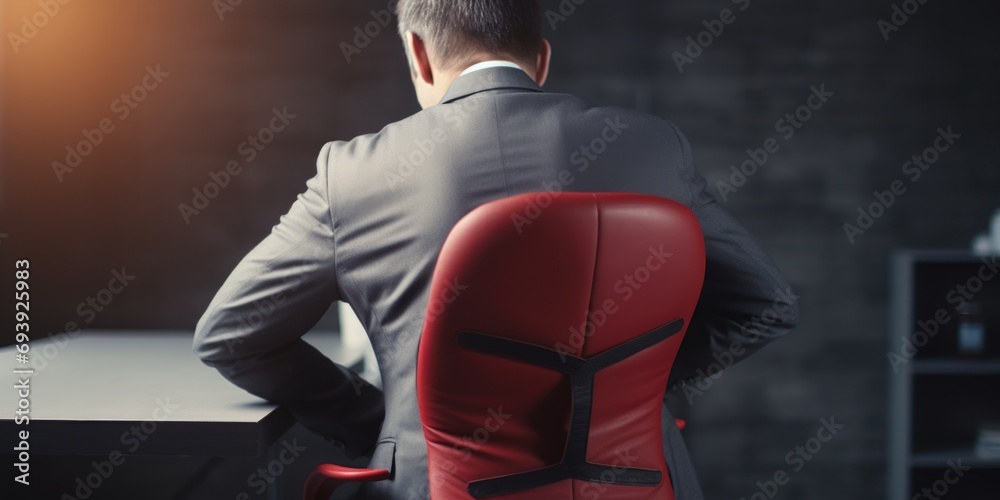 Poster a man in a suit sitting at a desk, with his back to the camera. suitable for business and office-rel