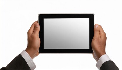 Hands holding white screen tablet