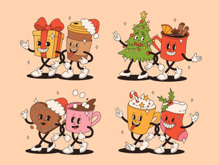 Funny Retro cartoon christmas Character in groovy 50s, 60s, 70s Vintage Style. Happy new year mascot with hot coffee, cocoa, gingerbread, cake, cupcake and cookie. Xmas vintage characters.