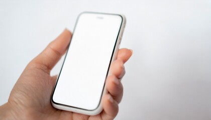 Close up of woman hand holding modern smart phone mockup.