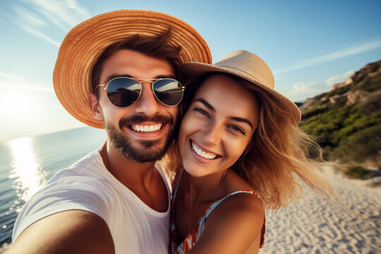 Selfie picture of a young happy couple outside on vacation, handsome boyfriend and beautiful girlfriend having fun on summer holiday. Generative AI