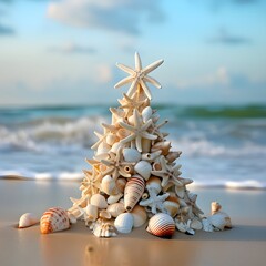 Small seashell christmas tree on the beach