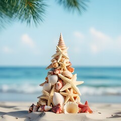 Small seashell christmas tree on the beach