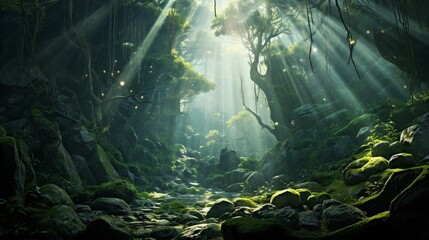 A misty, ethereal forest scene with ancient trees, moss-covered stones, and shafts of sunlight...