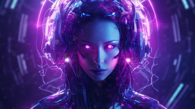 Synthwave tech Artificial android human with a neon violet halo around the head. 3D in cyberpunk sci-fi style. - Seamless loop animation, created using AI Generative Technology