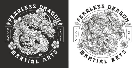Strong fearless dragon monochrome flyer - obrazy, fototapety, plakaty