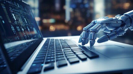 The future of customer service: robot hands pointing to laptop button with advisor chatbot concept