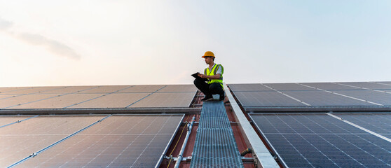 maintenance in solar panel on roof ; engineering working on checking solar panel. solar power ...