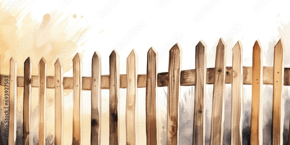 Poster a beautiful watercolor painting of a rustic wooden fence. perfect for adding a touch of charm to any