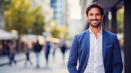 Fototapeta premium Smiling businessman standing outdoors in front of modern office building