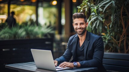 Confident and smiling businessman working on laptop in outdoor