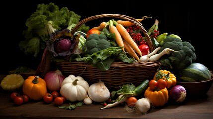 A picturesque display of farm-fresh vegetables, arranged in a rustic basket, showcasing the bounty of the harvest season.